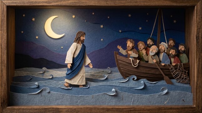 Jesus Christ walking on water toward disciples in wooden boat. Bible scene depicting miracle of faith on lake at night. Paper craft diorama art for Christian religious celebration.