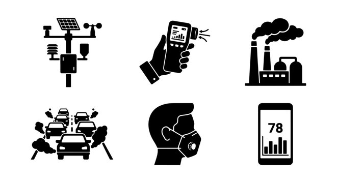 Environmental Monitoring Icons: Weather Station, Thermometer, Factory, Traffic, Mask, App