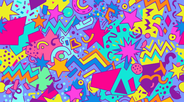 Bright neon abstract 90s party seamless pattern.