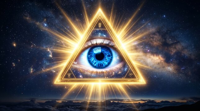 All-seeing eye inside a glowing golden triangle. Divine providence symbol representing God watching over the universe. Christianity iconography and spiritual concept of omniscient faith.