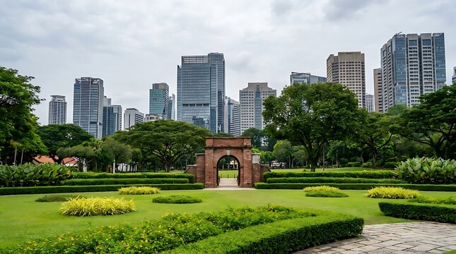 Fort canning park brick gateway with modern skyscrapers in the background in singapore