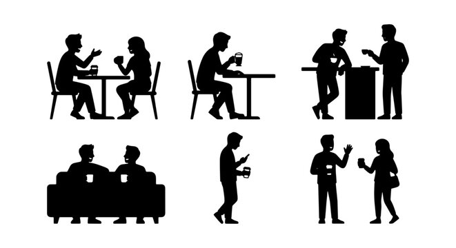 Socializing Silhouettes, People Chatting at Cafe Tables, Relaxing on Sofa, Casual Conversations, Vector Icons