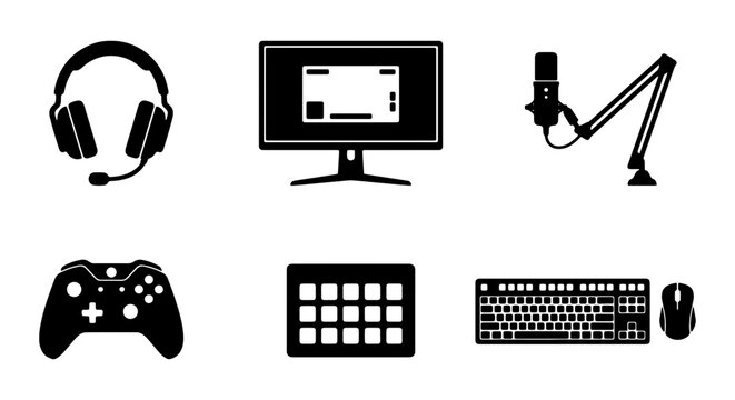 Gaming Gear Icons: Headset, Monitor, Microphone, Controller, Keyboard, Mouse Set