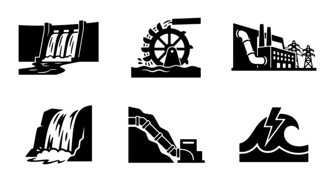 Hydroelectric Power Icons: Dam, Water Wheel, Factory, Waterfall, Penstock, Wave Energy