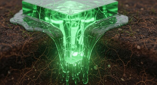 Glowing Green Cube Emitting Luminous Liquid into Dark Soil.