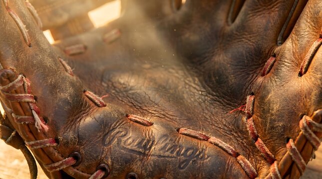 Vintage leather baseball glove pocket close up with rawlings logo branding