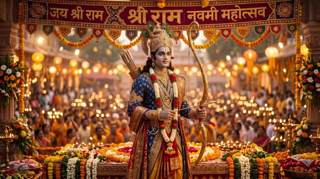 Man dressed as Hindu deity Rama holding bow and arrow during celebration. Indian religious festival with traditional clothing and ornaments. Cultural heritage and spirituality concept.