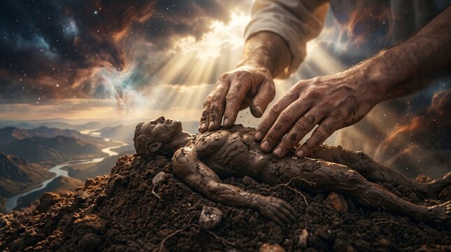 God shaping man from clay in biblical scene. Divine hands forming human body from earth. Creation of Adam, spiritual act of genesis reflecting faith, catholic belief and holy scripture.