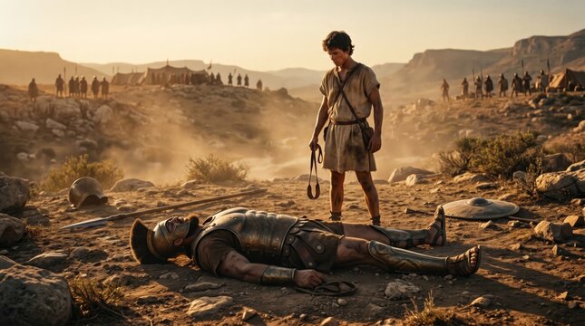Young David standing over defeated Goliath on battlefield. Biblical scene of shepherd boy with sling winning struggle against giant soldier. Ancient history and religious faith narrative.
