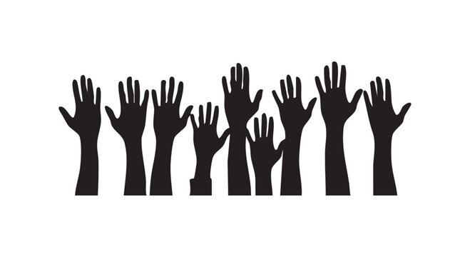 Raised hands silhouettes set representing volunteer community support voting and teamwork for social unity and group concept.