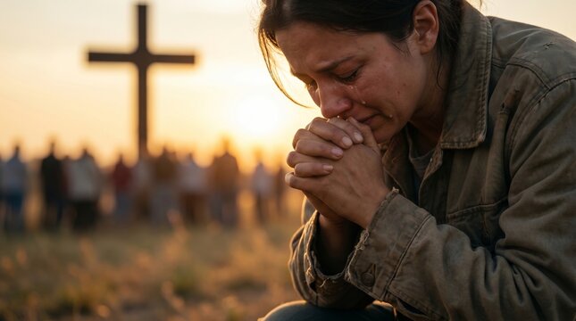 Woman crying while praying in front of a cross at sunset. Catholic religious devotee expressing hope and faith. Spiritual devotion and worship concept. Emotional religious ceremony.