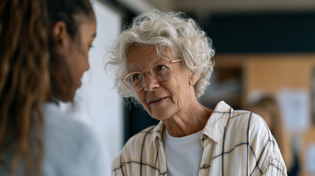 Long-term school volunteer program veteran, a retired teacher who has mentored students for eighteen years, co-teaches a summer literacy session with a current educator, their partnership visible in