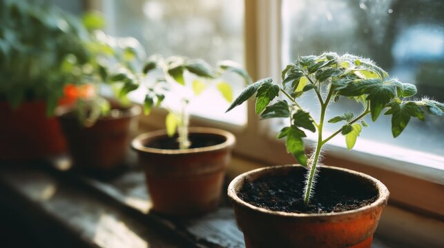Young plants in pots near window