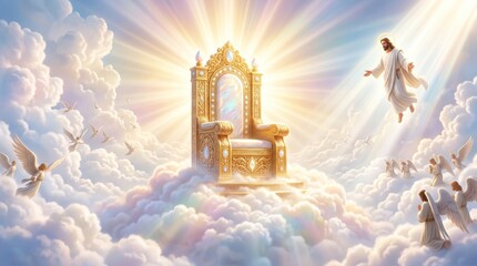 Fototapeta premium Jesus Christ ascending toward golden throne in clouds. Divine light shining on heavenly seat. Religious illustration representing faith, afterlife and holy kingdom of God in heaven.