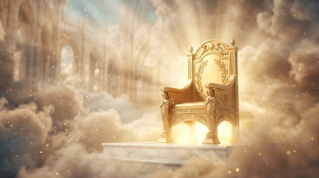 Ornate golden throne of Jesus Christ placed on marble platform within heavenly celestial clouds. Divine kingdom sanctuary in heaven. Religious spiritual concept for catholic worship.