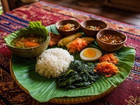 Traditional indonesian cuisine served on banana leaf
