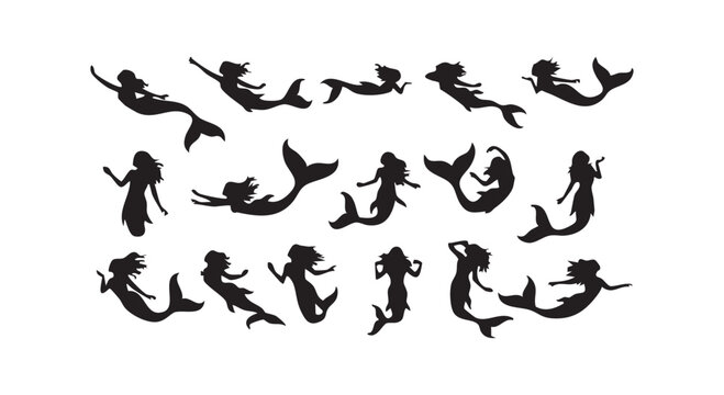 Set of beautiful mermaid silhouettes in various poses swimming underwater and playing isolated on white background.