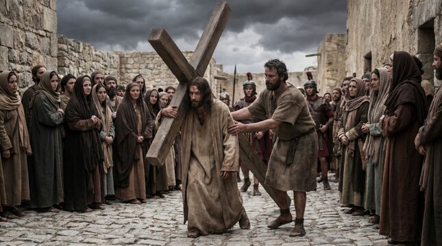 Jesus Christ carrying the wooden cross through city streets. Simon of Cyrene helping him surrounded by roman soldiers and crowd of people. Biblical scene of suffering and faith.