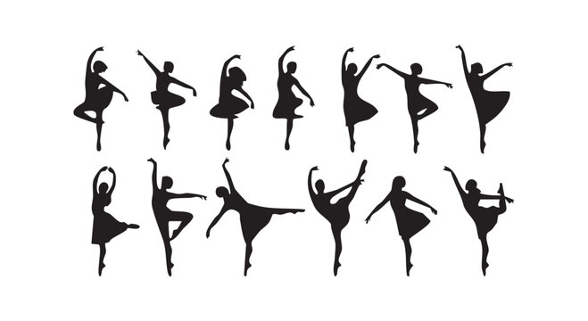 Set of black ballerina silhouettes performing various dance poses including leaps and graceful positions on white background.