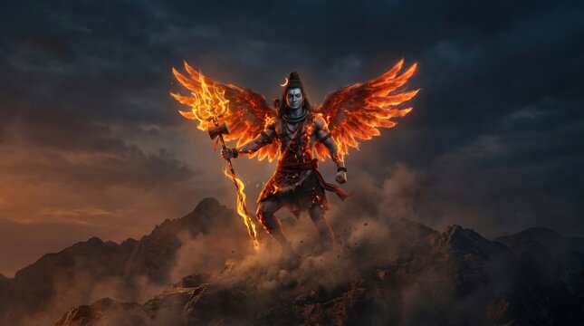 Lord Shiva with flaming wings holding a trident on a mountain peak. Indian deity as a divine warrior in a powerful pose. Spiritual mythology and religious art for meditation concept.
