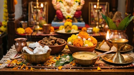 Fototapeta premium Traditional Hindu home shrine setup for Ganesh Chaturthi celebration. Offering of flowers, coconut, sweets and oil lamp for deity worship. Spiritual ritual and devotion concept.