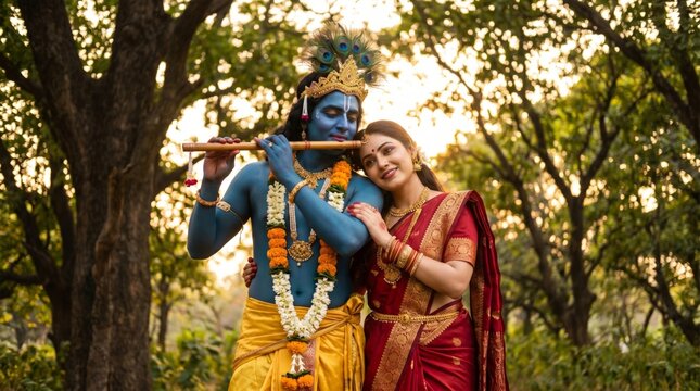 Man dressed as Krishna playing flute with woman dressed as Radha in forest. Couple in traditional costume representing divine love. Indian mythology, religious celebration and culture.
