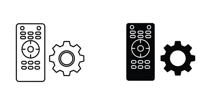 Remote control and cogwheel settings icon set for device configuration with presented in both