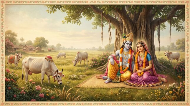 Krishna and Radha sitting under a tree in a meadow with cows. Traditional Indian deity illustration for spiritual decoration. Divine couple in love, religious art for cultural celebration.