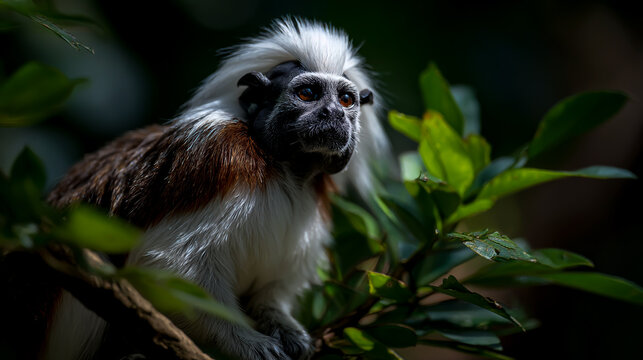 Cotton-top tamarin monkey resting on rainforest branch with sunlight and green foliage