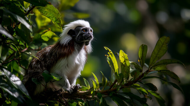 Cotton-top tamarin monkey resting on rainforest branch with sunlight and green foliage