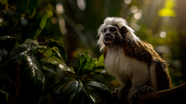Cotton-top tamarin monkey resting on rainforest branch with sunlight and green foliage