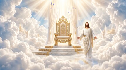 Fototapeta premium Jesus Christ standing beside a golden throne in heaven. Divine light shining from clouds with angels surrounding the scenery. Religious concept of salvation and eternal kingdom glory.