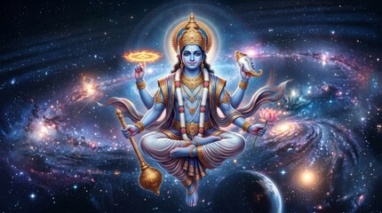 Fototapeta premium Lord Vishnu sitting in meditation pose inside deep space. Hindu deity with four arms holding lotus flower, conch, mace and golden disc. Cosmic celestial background of galaxy.