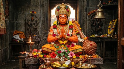 Fototapeta premium Orange statue of Hindu deity Hanuman sitting in meditation with hands joined in prayer. Traditional temple altar with flower garland, burning lamp, offering of fruit and brass bell.