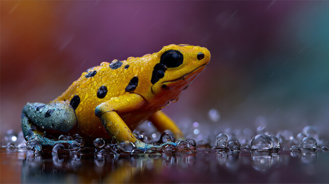 Vibrant yellow and blue poison dart frog resting on water droplets in tropical habitat