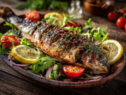 Grilled whole fish with vegetables on a plate