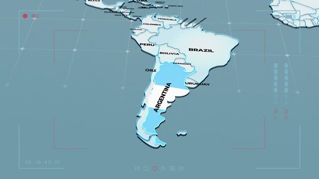 a futuristic 3D map showing part of Argentina, South America, map of South America, Argentina map, Argentina FLAG,