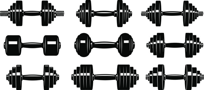 Different dumbbell silhouettes in grid pattern, minimalist fitness equipment vector illustration for strength training design