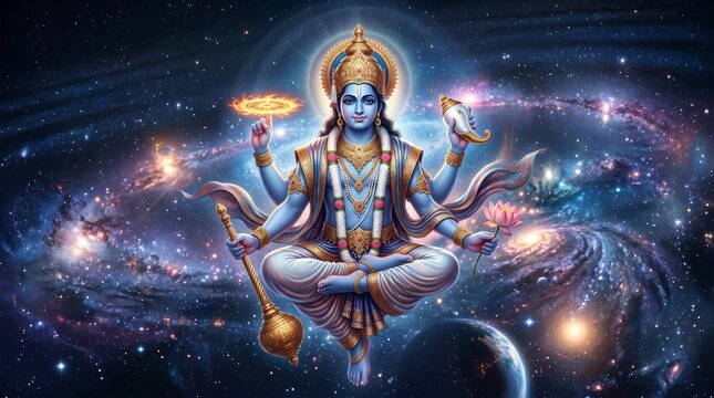 Lord Vishnu sitting in meditation pose inside deep space. Hindu deity with four arms holding lotus flower, conch, mace and golden disc. Cosmic celestial background of galaxy.