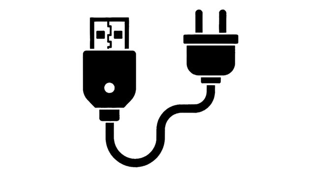 Vector illustration of usb connector and electrical power plug connected by a cable on a transparent background