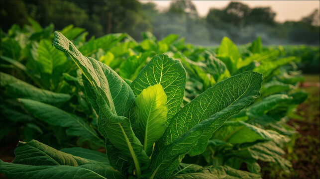 proliferation. Broad tobacco leaves unfurling under sunlight in a field. gardening catalogs, home-decor guides, designed for gardening and botanical catalogs and home decor and floral branding.