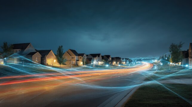 Suburban street with light trails at night