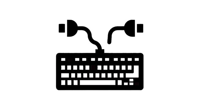 Vector illustration of keyboard icon with disconnected cable plug, computer hardware maintenance and repair symbol on a transparent background
