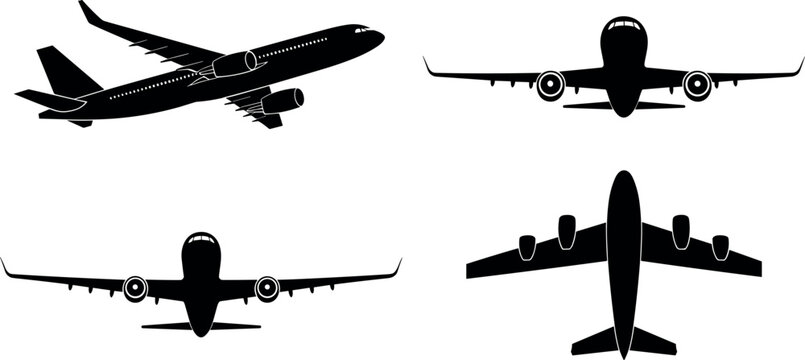 Collection of black airplane silhouettes with front side and top views for aviation travel logistics and international flight transportation design