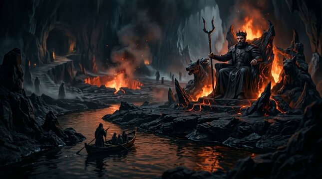King of the underworld sitting on a throne in hell with fire and river. Man in dark armor holding a trident ruling over fiery abyss. Mythology and fantasy concept of afterlife.