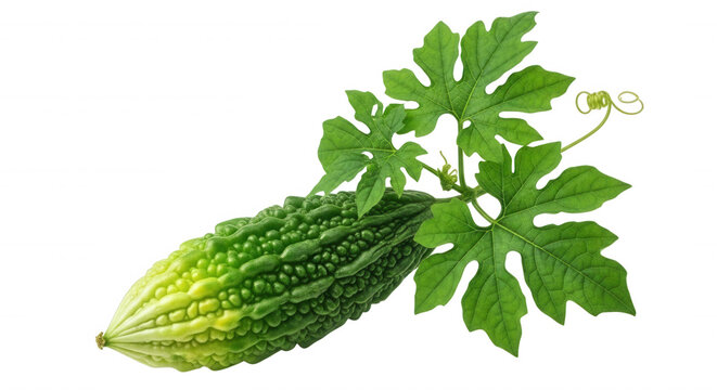A fresh bitter melon, also known as bitter gourd, with green textured skin and attached vine leaves isolated on a solid black background