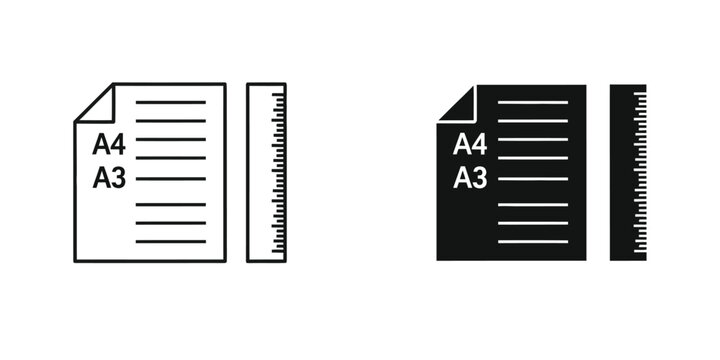 A4 and a3 paper size icon with ruler set. document print office supply symbol