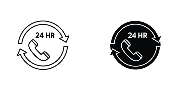24 hour customer service phone support with circular arrow icon, symbol signifies constant