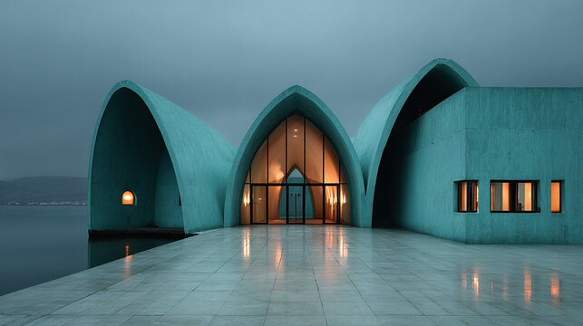 Contemporary concrete building with parabolic arches on a waterfront under a moody overcast sky