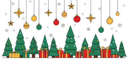 Obraz premium Festive Wide Composition With Green Christmas Trees Red Gift Boxes and Golden Sparkling Stars